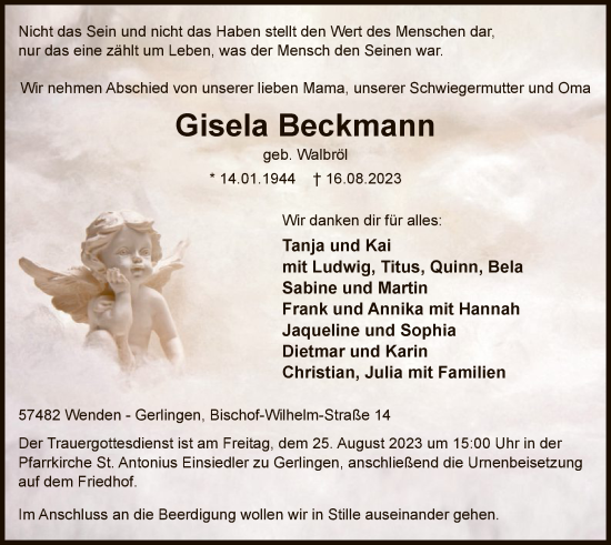 Todesanzeige von Gisela Beckmann von WA