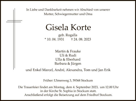 Todesanzeige von Gisela Korte von WA