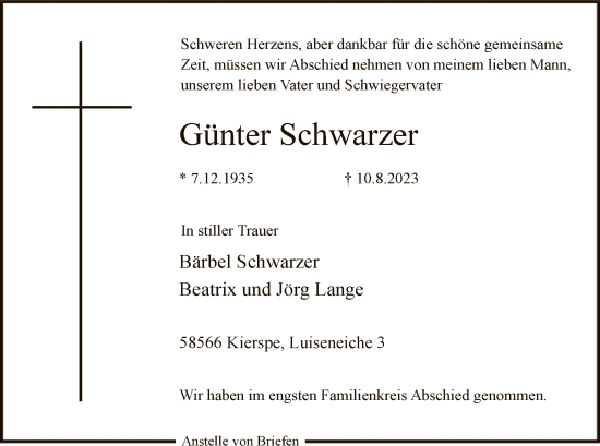 Todesanzeige von Günter Schwarzer von WA