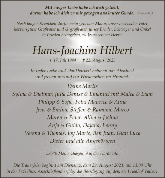 Todesanzeige von Hans Joachim Hilbert von WA