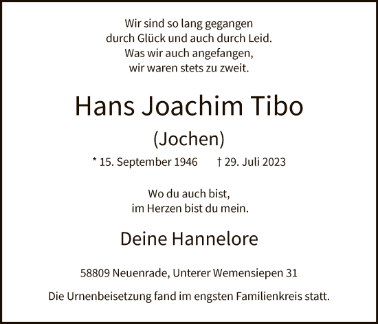 Todesanzeige von Hans Joachim Tibo von WA