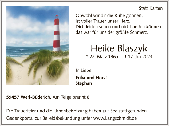 Todesanzeige von Heike Blaszyk von WA