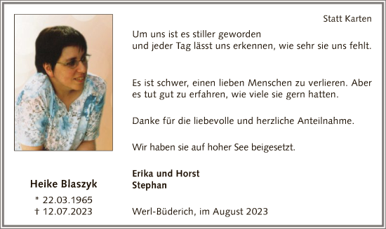 Todesanzeige von Heike Blaszyk von WA