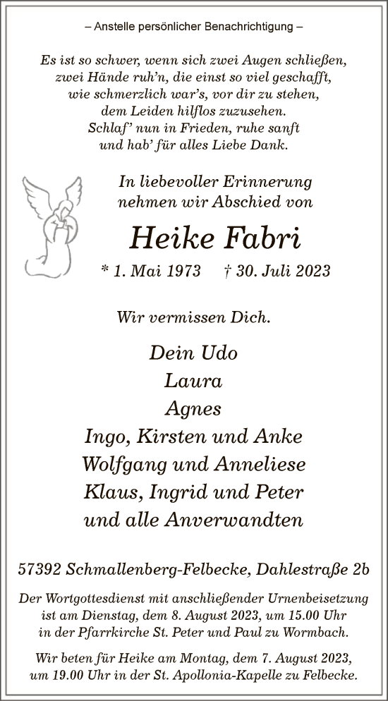 Todesanzeige von Heike Fabri von WA