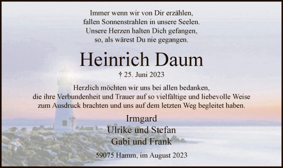 Todesanzeige von Heinrich Daum von WA