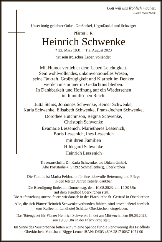 Todesanzeige von Heinrich Schwenke von WA