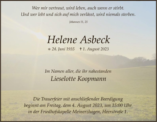 Todesanzeige von Helene Asbeck von WA