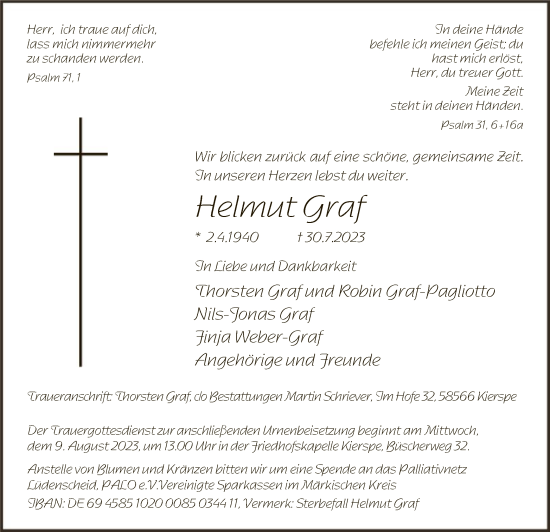 Todesanzeige von Helmut Graf von WA