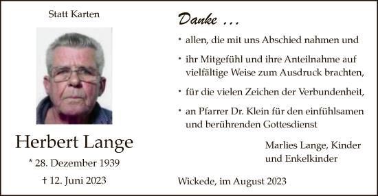 Todesanzeige von Herbert Lange von WA