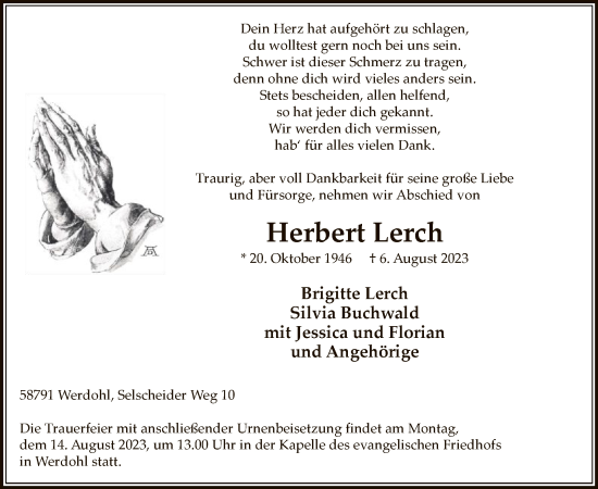 Todesanzeige von Herbert Lerch von WA