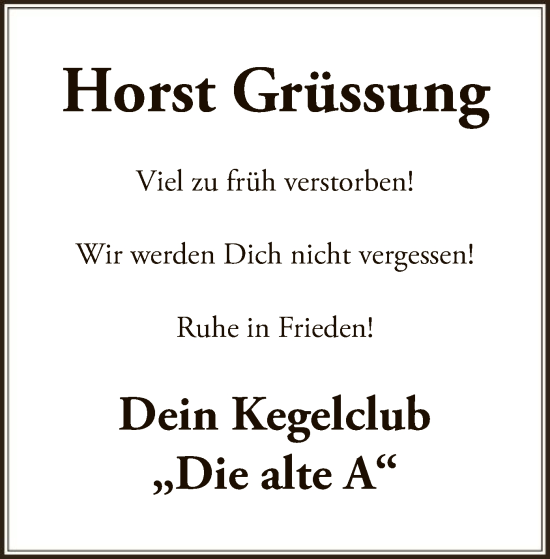 Todesanzeige von Horst Grüssung von WA