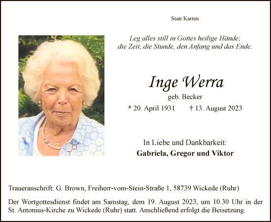 Todesanzeige von Inge Werra von WA