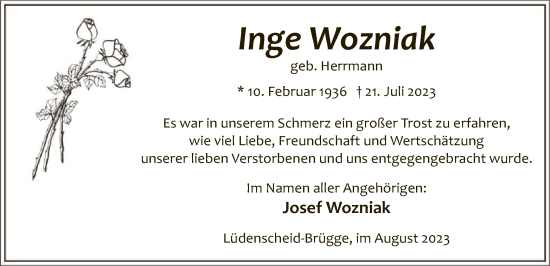 Todesanzeige von Inge Wozniak von WA