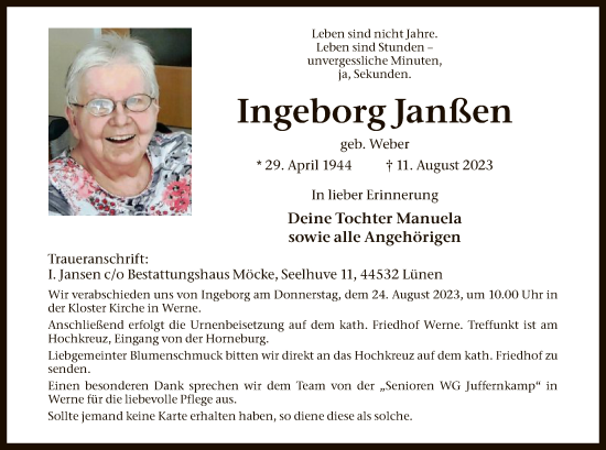 Todesanzeige von Ingeborg Janßen von WA