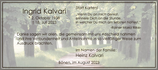 Todesanzeige von Ingrid Kalvari von WA