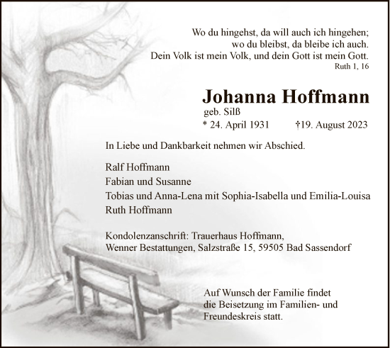 Todesanzeige von Johanna Hoffmann von WA