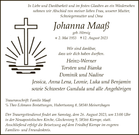 Todesanzeige von Johanna Maaß von WA