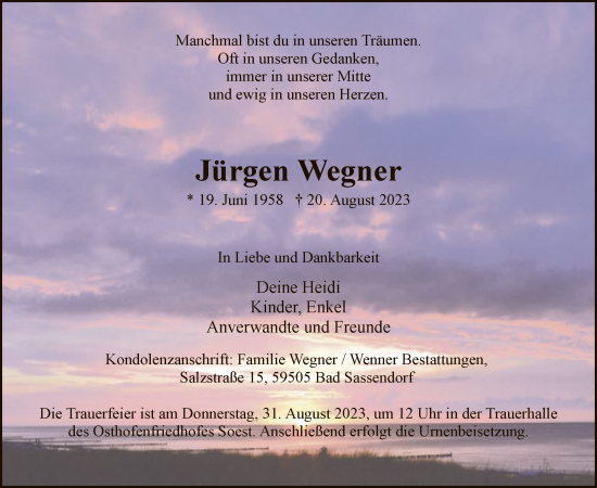 Todesanzeige von Jürgen Wegner von WA