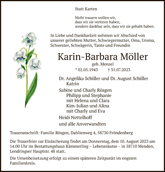 Todesanzeige von Karin-Barbara Möller von WA