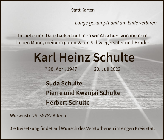 Todesanzeige von Karl Heinz Schulte von WA