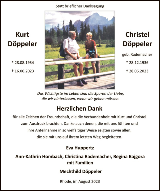 Todesanzeige von Kurt und Christel Döppeler von WA