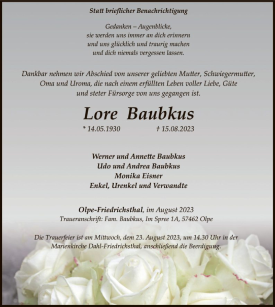 Todesanzeige von Lore Baubkus von WA
