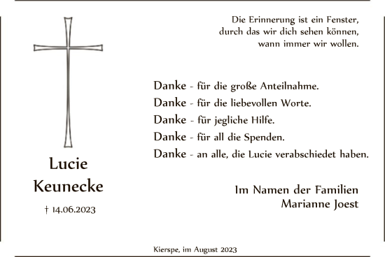 Todesanzeige von Lucie Keunecke von WA