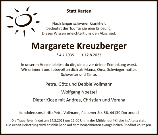 Todesanzeige von Margarete Kreuzberger von WA