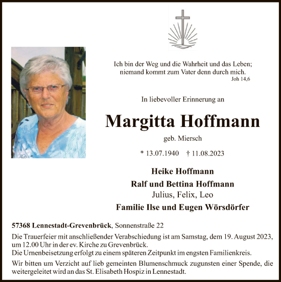 Todesanzeige von Margitta Hoffmann von WA