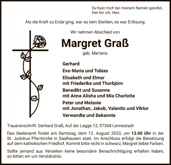 Todesanzeige von Margret Graß von WA