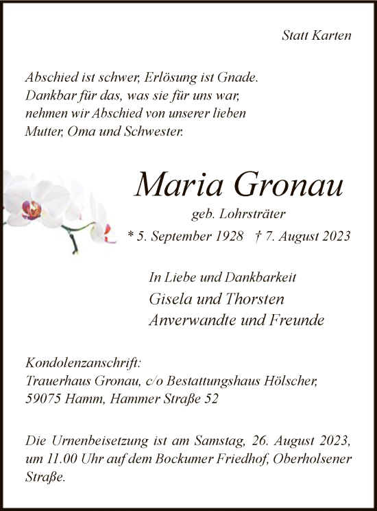 Todesanzeige von Maria Gronau von WA