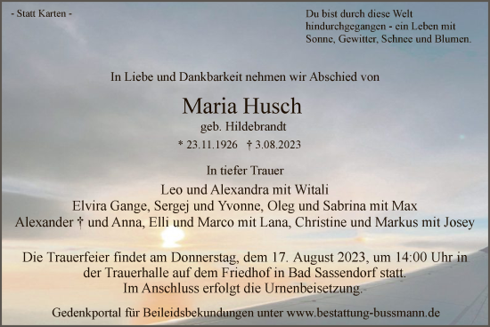 Todesanzeige von Maria Husch von WA