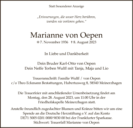 Todesanzeige von Marianne von Oepen von WA