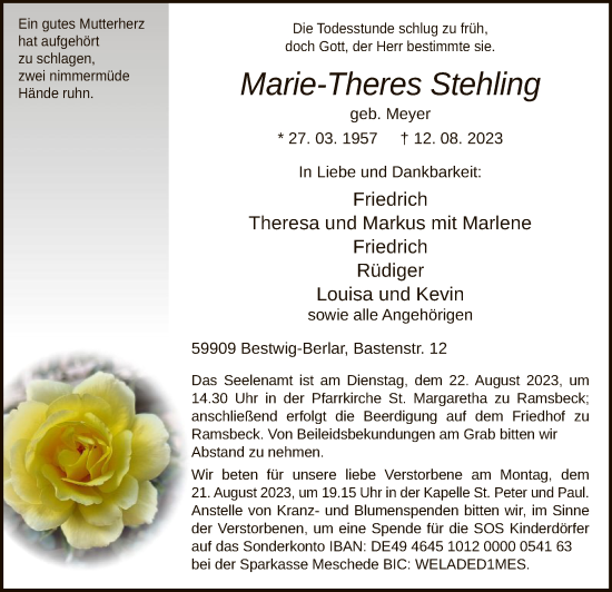 Todesanzeige von Marie-Theres Stehling von WA