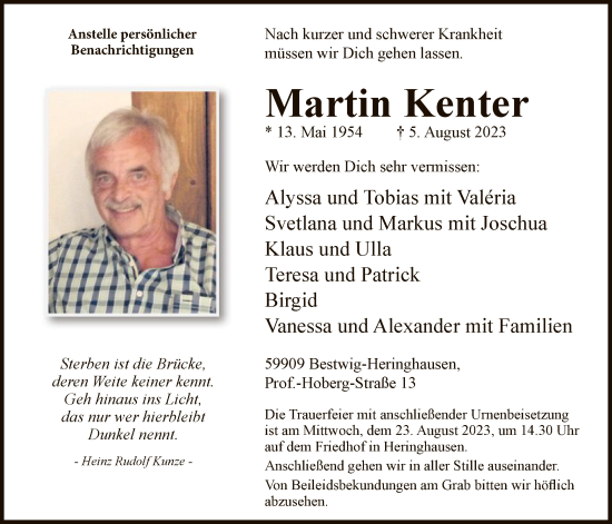 Todesanzeige von Martin Kenter von WA