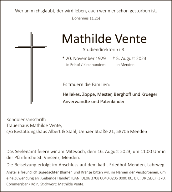 Todesanzeige von Mathilde Vente von WA