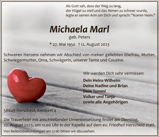Todesanzeige von Michaela Marl von WA
