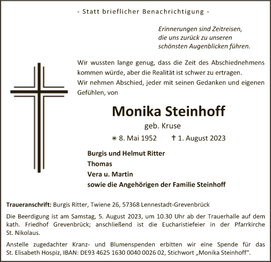 Todesanzeige von Monika Steinhoff von WA