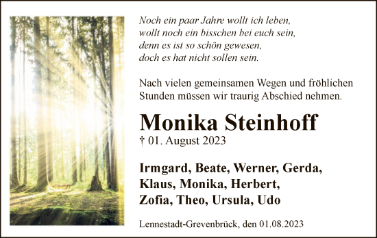 Todesanzeige von Monika Steinhoff von WA