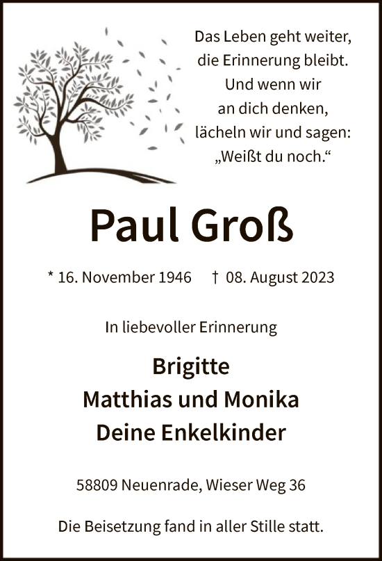 Todesanzeige von Paul Groß von WA