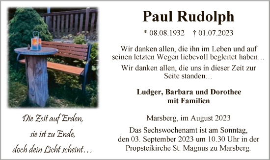 Todesanzeige von Paul Rudolph von WAWAWA