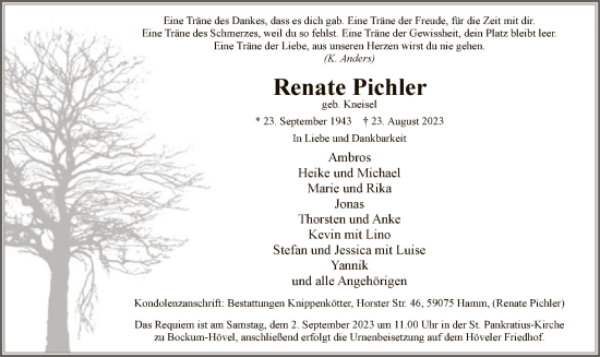 Todesanzeige von Renate Pichler von WA