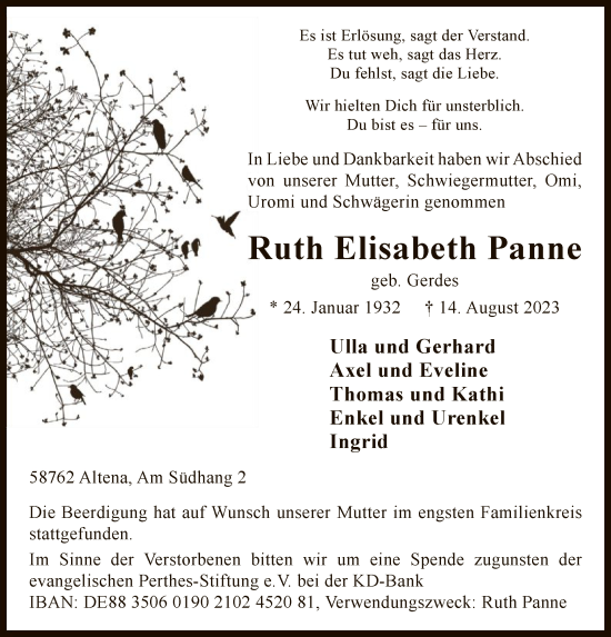 Todesanzeige von Ruth Elisabeth Panne von WA