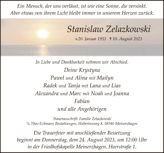 Todesanzeige von Stanislaw Zelazkowski von WA