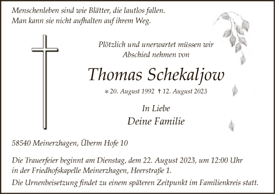 Todesanzeige von Thomas Schekaljow von WA