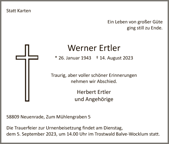 Todesanzeige von Werner Ertler von WA