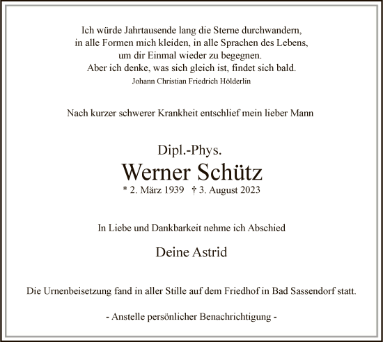 Todesanzeige von Werner Schütz von WA