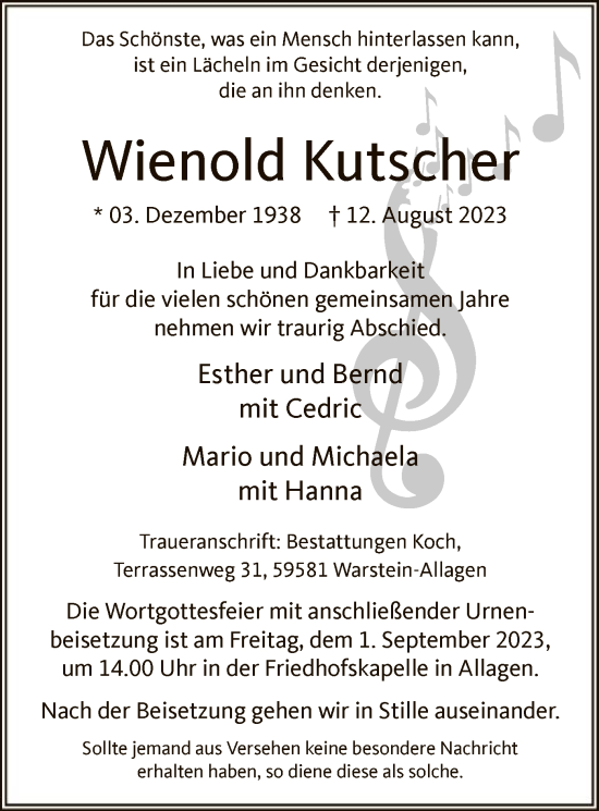 Todesanzeige von Wienold Kutscher von WA