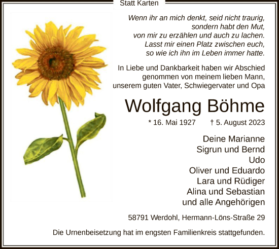 Todesanzeige von Wolfgang Böhme von WA