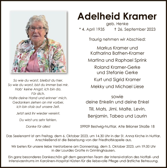 Todesanzeige von Adelheid Kramer von WA